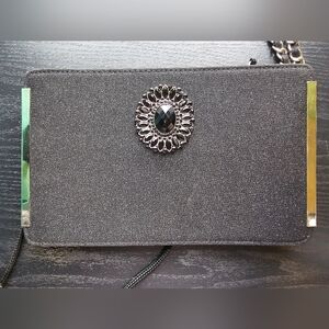 Kate Landry Sparkly Black Clutch with Silver Brooch OS